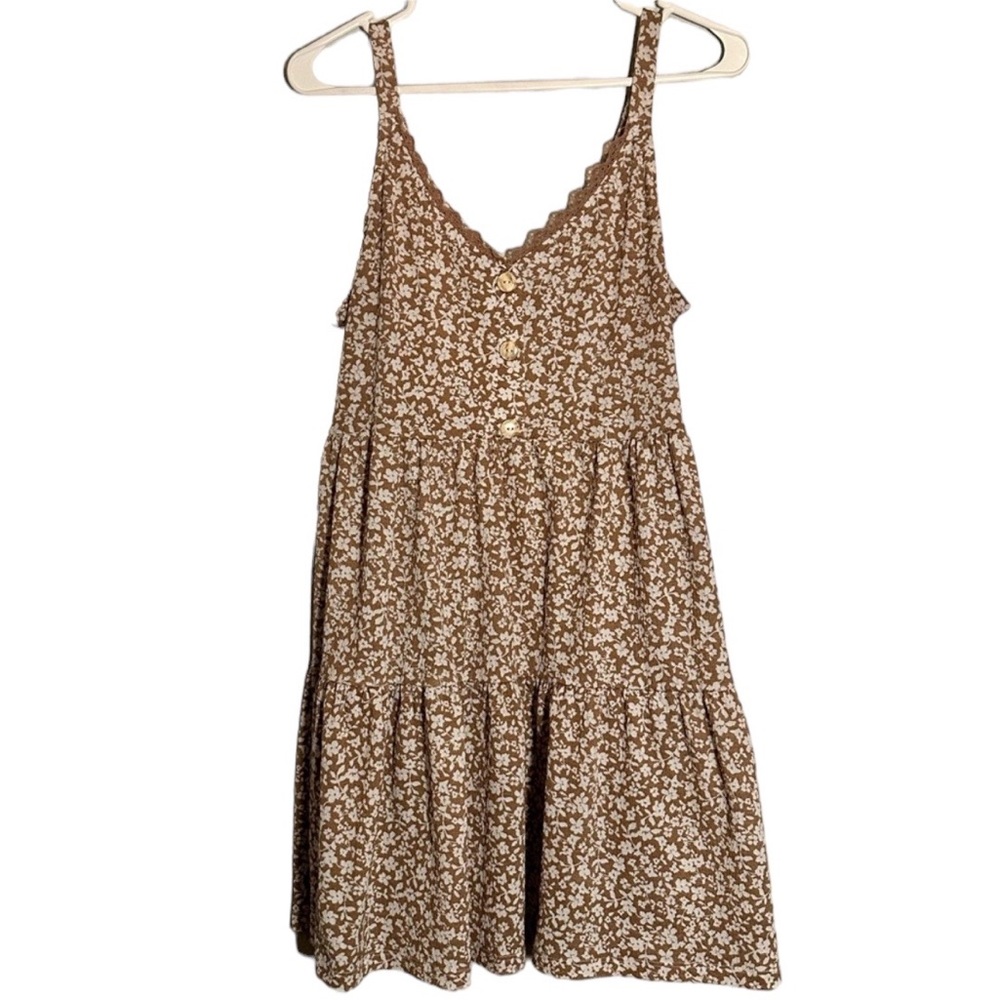 Blu Pepper Ditsy Floral Tan/Beige Faux Button & Lace Detailed SunDress